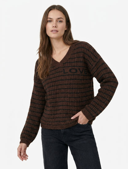 Suéter de mohair con inscripción LOVE a rayas - Marrón
