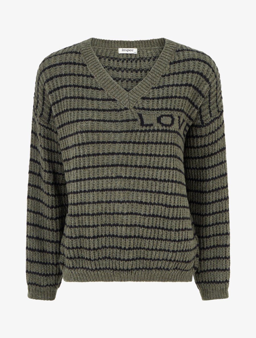 Pull mohair inscription LOVE à rayures - Kaki - 1