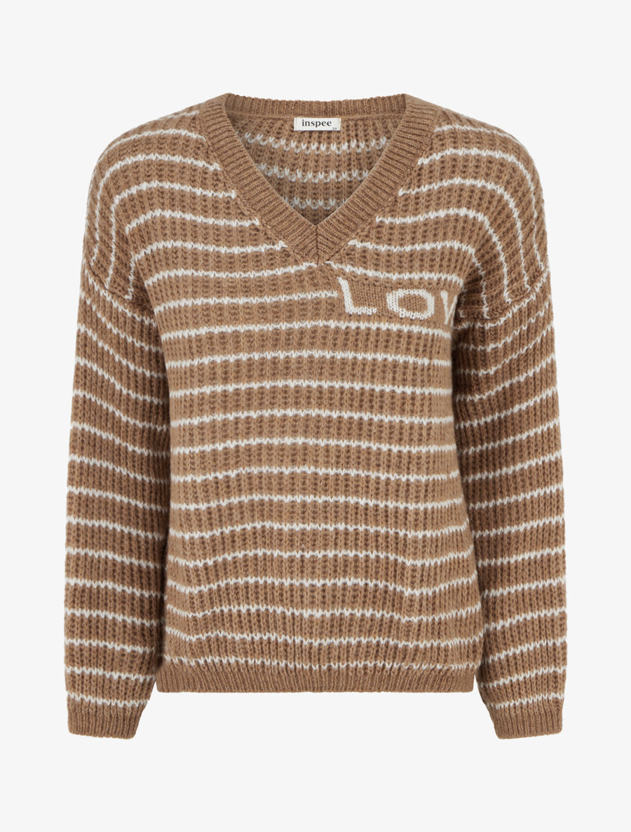 Pull mohair inscription LOVE à rayures - Camel - 1