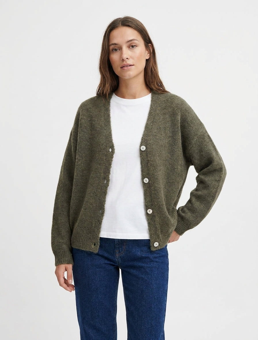 Chaleco de mohair holgado con cuello en V - Caqui