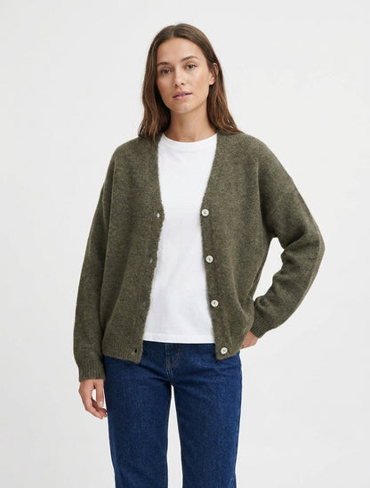 Chaleco de mohair holgado con cuello en V - Caqui