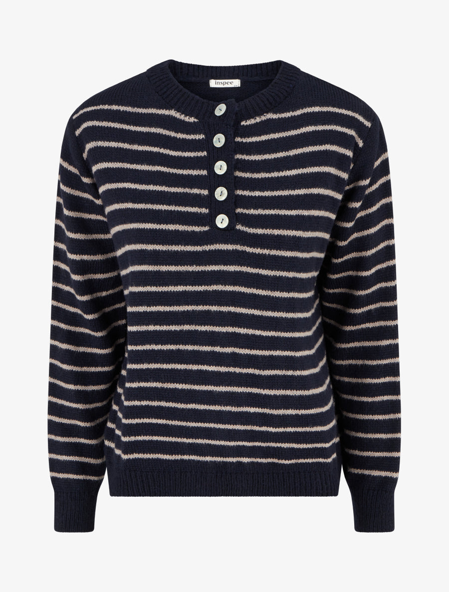 Pull rayé ample col boutonné - Marine - 1