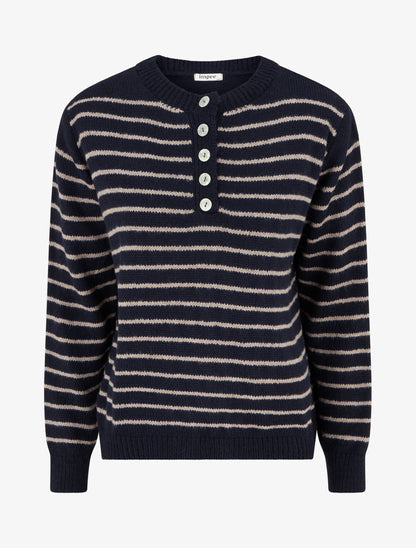 Pull rayé ample col boutonné - Marine - 1