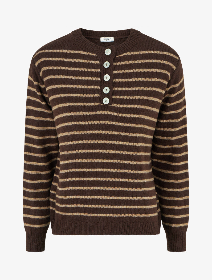 Pull rayé ample col boutonné - Marron - 1