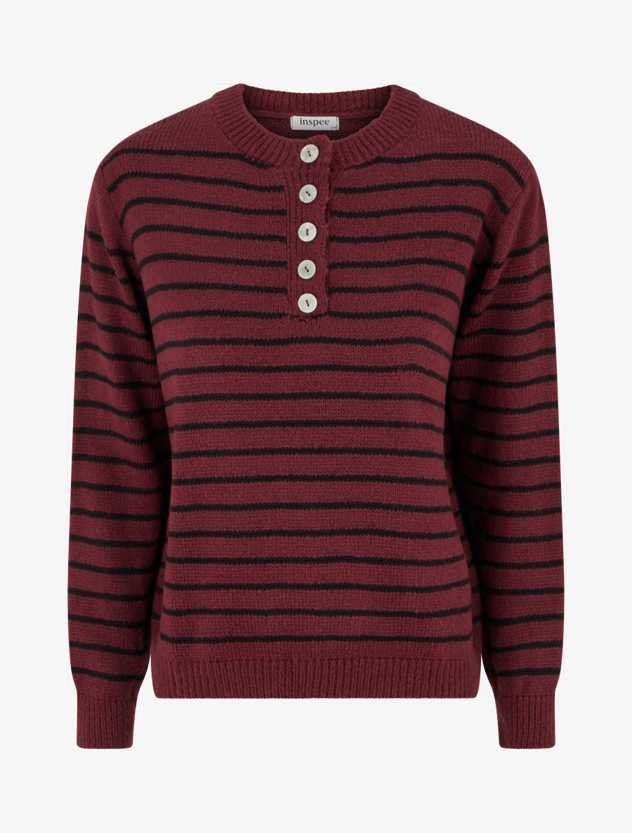 Pull rayé ample col boutonné - Bordeaux - 1