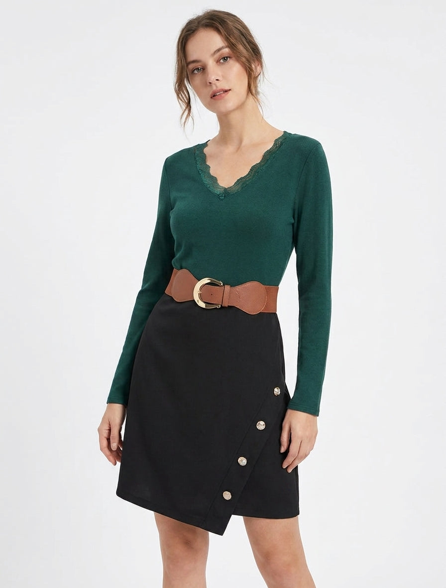 Vestido recto bicolor - Verde abeto