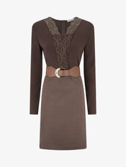 Robe droite bimatière à détail dentelle - Marron - 1