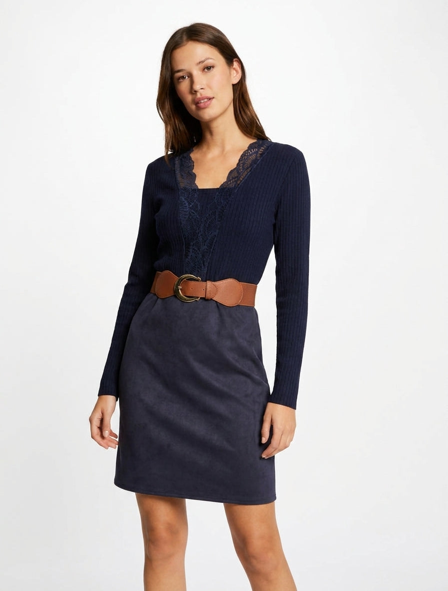 Vestido recto bicolor con detalle de encaje - Marine