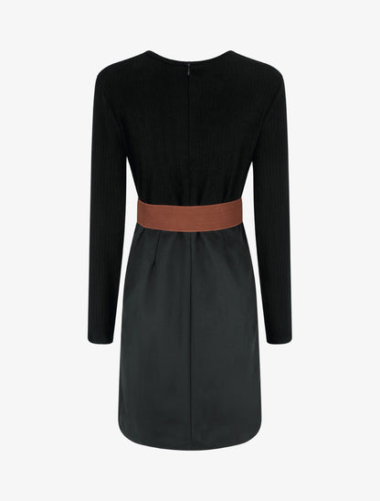 Robe droite bimatière à détail dentelle - Noir - 2