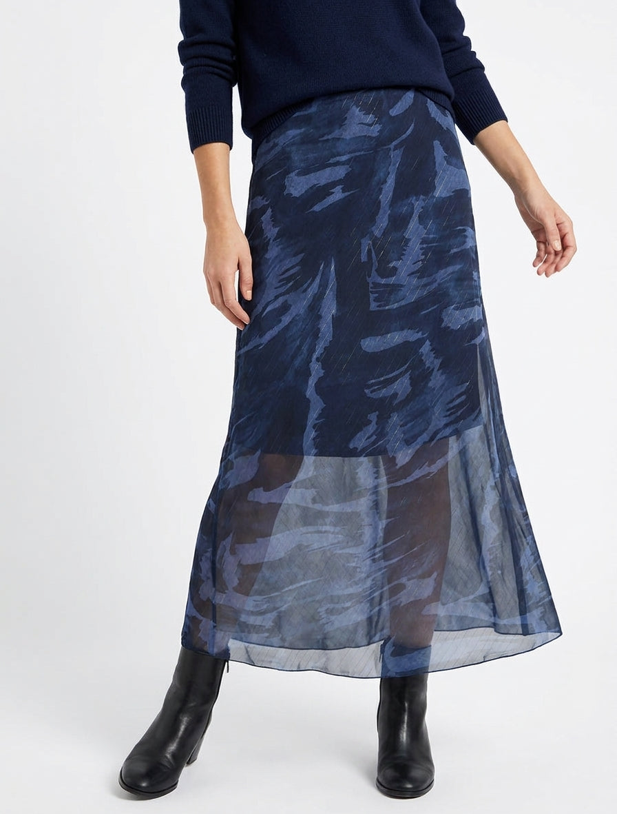 Falda larga recta de voile iridiscente con estampado abstracto - Marine
