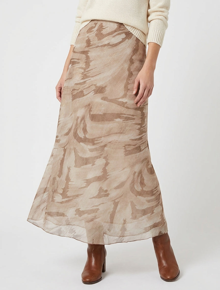 Falda larga recta de voile iridiscente con estampado abstracto - Beis