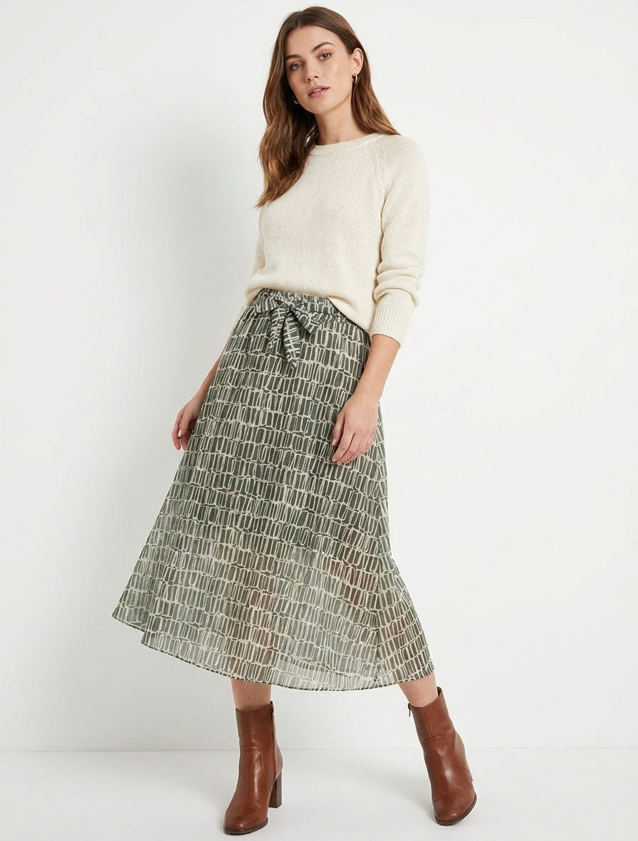 Falda midi con ribetes irisados y estampado gráfico - Caqui
