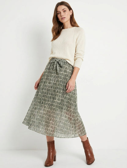 Falda midi con ribetes irisados y estampado gráfico - Caqui