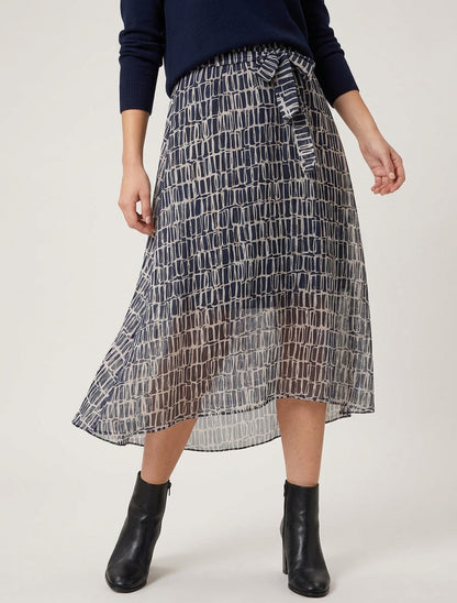 Falda midi con ribetes irisados y estampado gráfico. - Marine