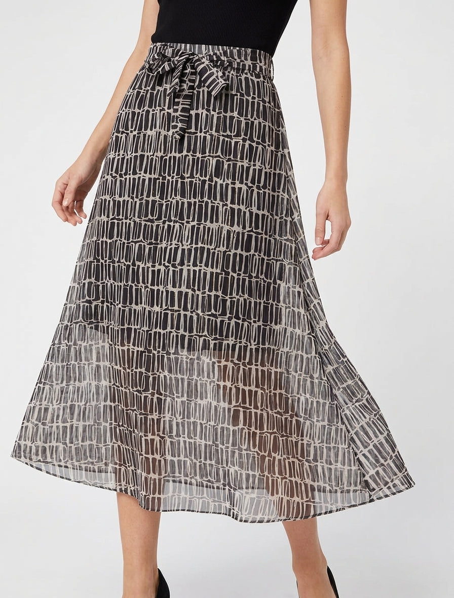 Falda midi con ribetes irisados y estampado gráfico - Negro