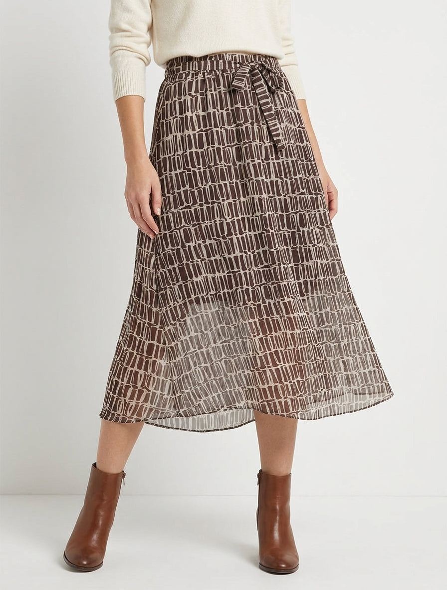 Falda midi con ribetes irisados y estampado gráfico. - Marrón