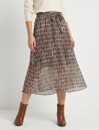 Falda midi con ribetes irisados y estampado gráfico. - Marrón
