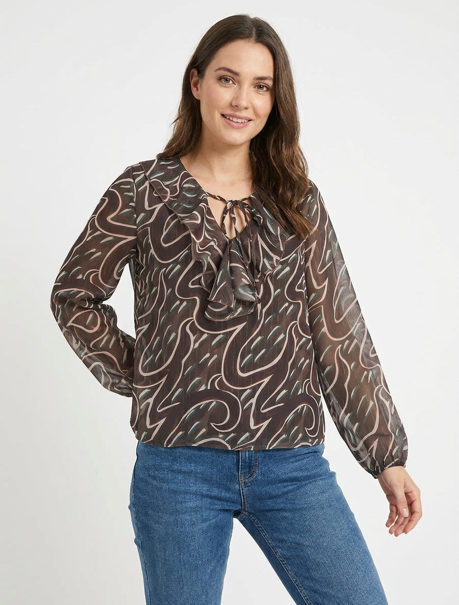 Top derecho con cuello con volantes y estampado gráfico - Marrón