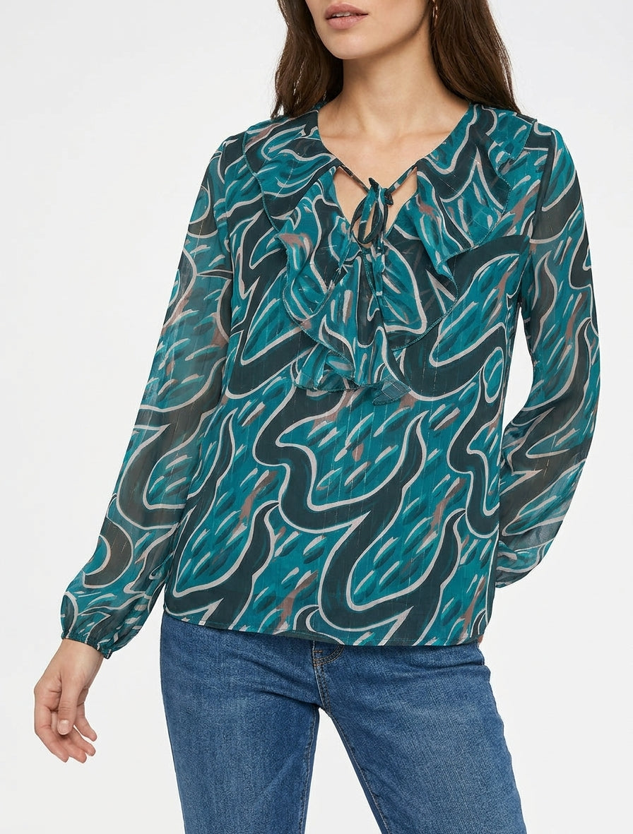 Top derecho con cuello con volantes y estampado gráfico - Azul pato