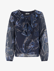 Top droit col volanté et imprimé floral léopard - Marine - 1