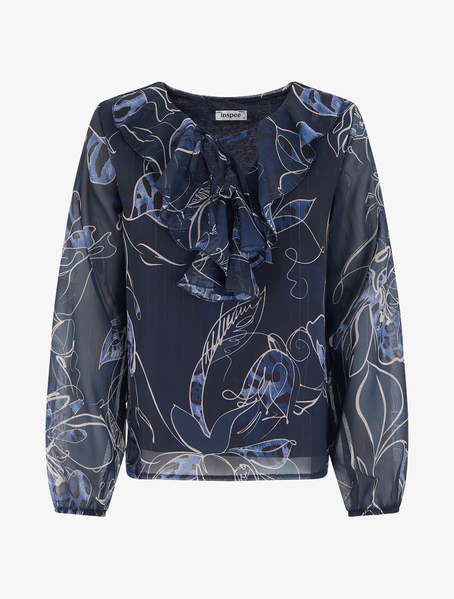 Top droit col volanté et imprimé floral léopard - Marine - 1