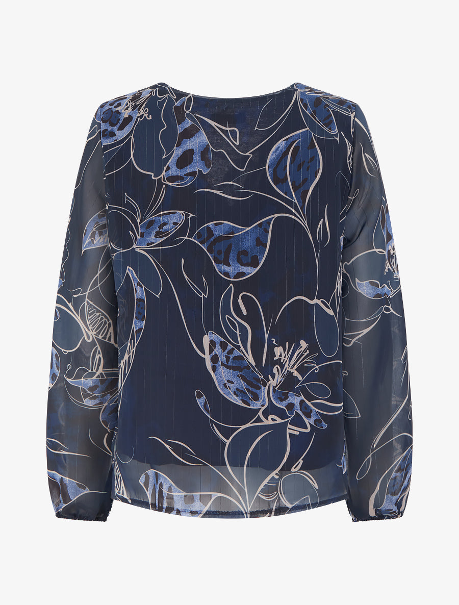 Top droit col volanté et imprimé floral léopard - Marine - 2