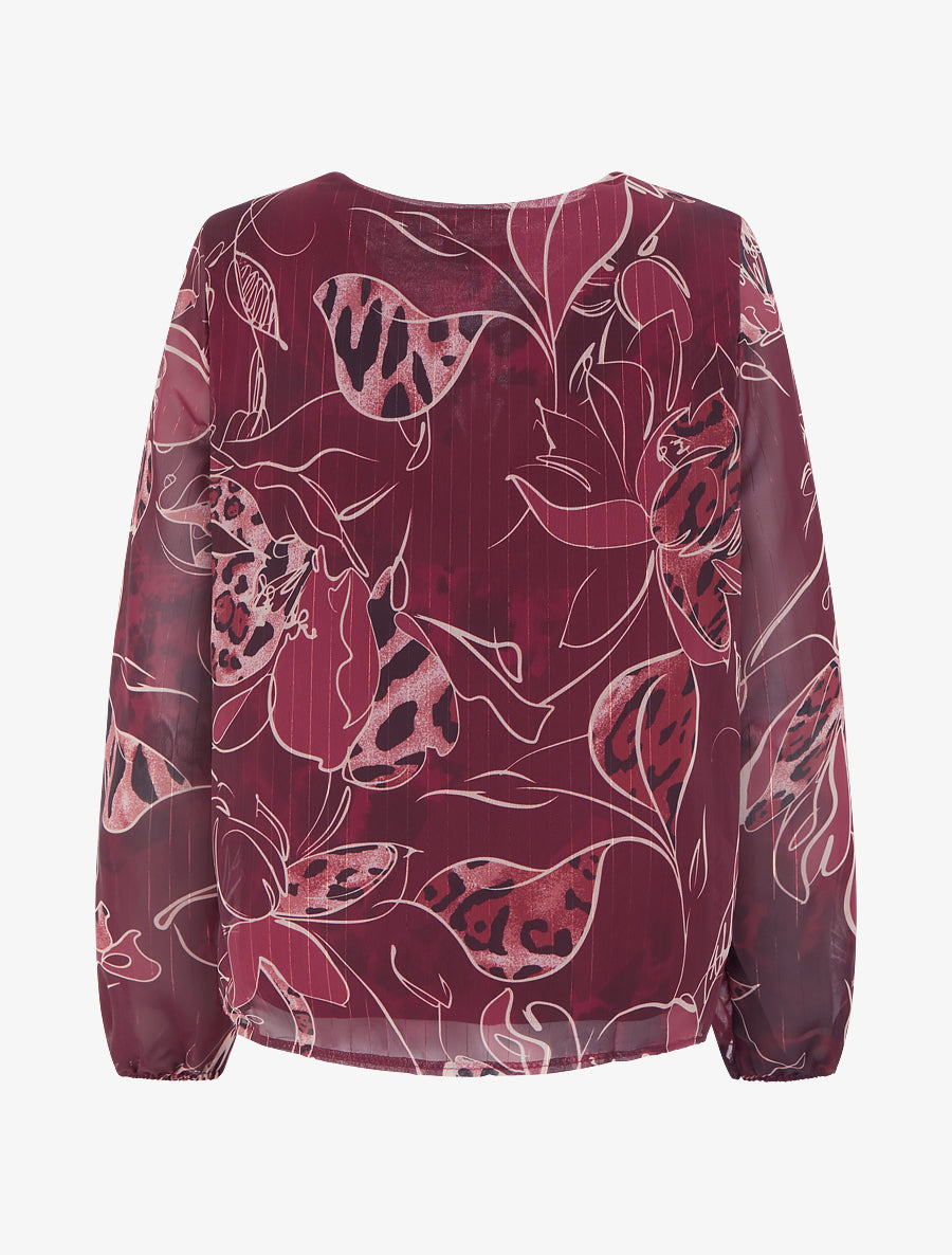 Top droit col volanté et imprimé floral léopard - Lie de vin - 2