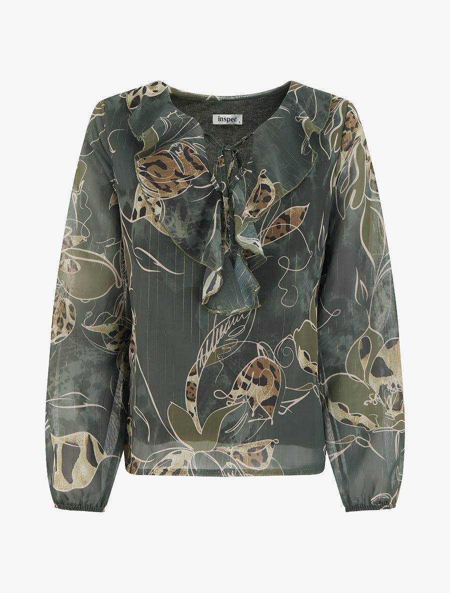 Top droit col volanté et imprimé floral léopard - Kaki - 1
