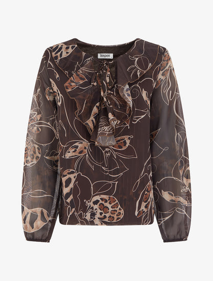 Top droit col volanté et imprimé floral léopard - Marron - 1