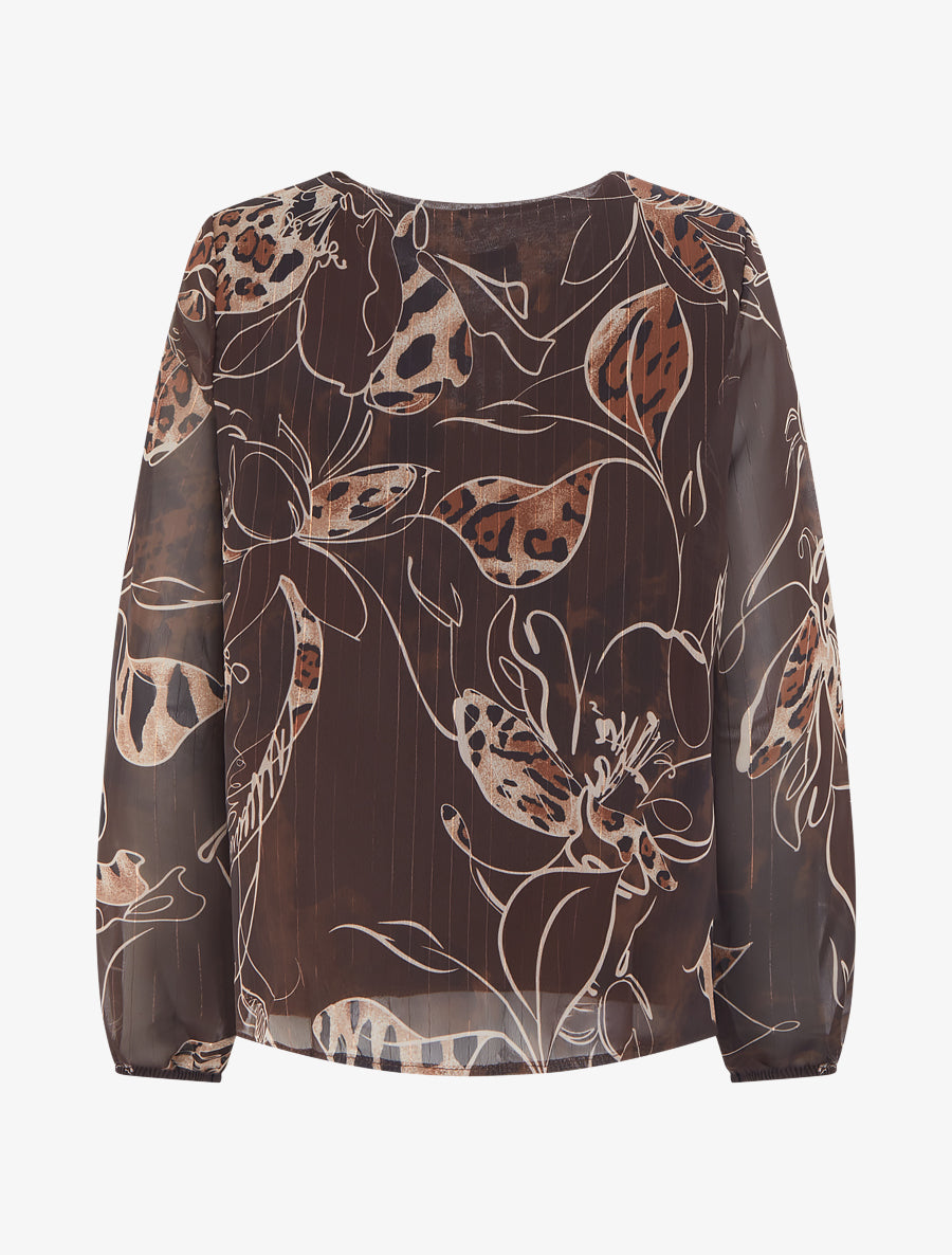 Top droit col volanté et imprimé floral léopard - Marron - 2