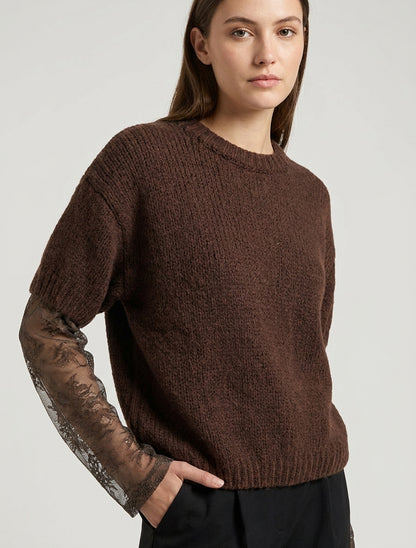 Jersey liso de manga larga bimaterial - Marrón