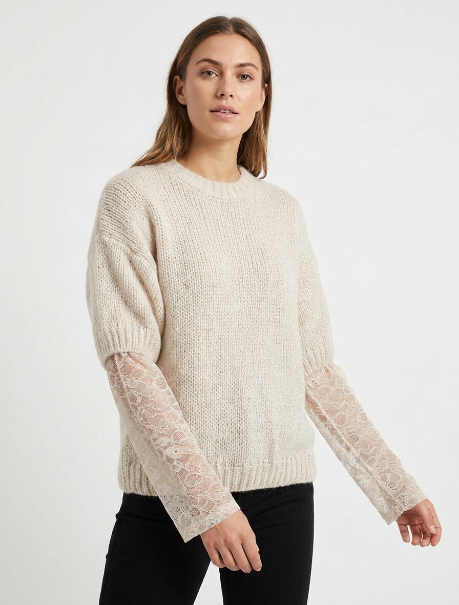Jersey liso de manga larga bimaterial - Beis