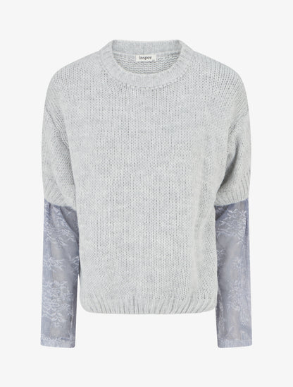 Pull uni à manches longues bimatière - Gris - 1
