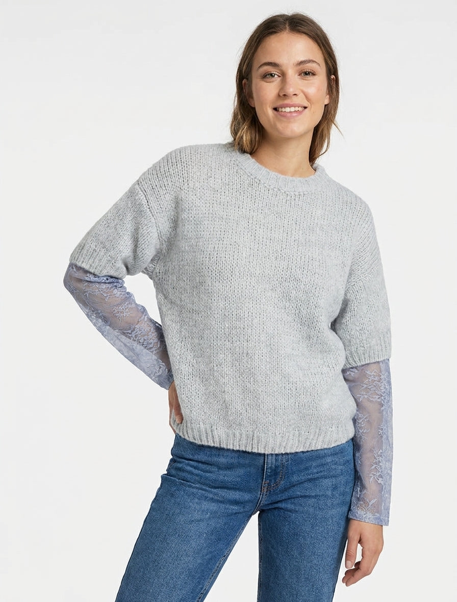 Jersey liso de manga larga bimaterial - Gris