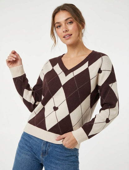 Suéter de cuello en V con diseño de cuadros y corazón - Marrón/beige