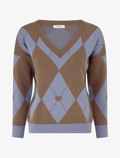 Pull à col V motif carreaux et coeur - Marron/bleu - 1
