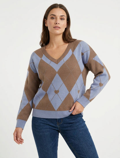 Suéter de cuello en V con diseño de cuadros y corazón - Marrón/azul