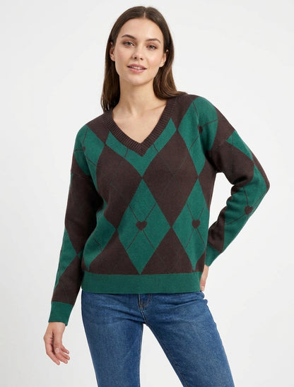 Suéter de cuello en V con diseño de cuadros y corazón - Marrón/verde oscuro