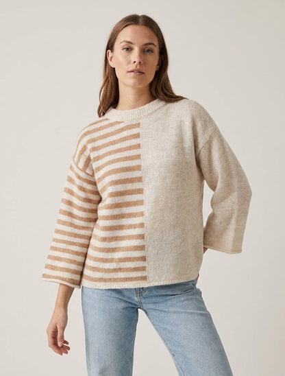 Suéter de mezcla de mohair a rayas con cuello redondo - Beis