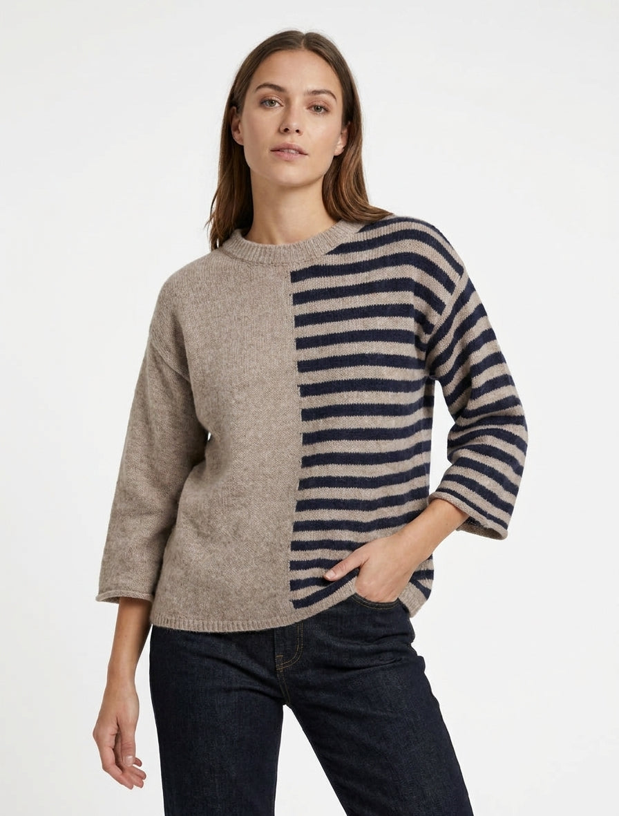Suéter de mezcla de mohair a rayas con cuello redondo - Topo