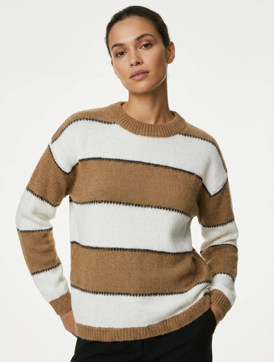 Suéter de rayas tricolor en mezcla de mohair - Camello