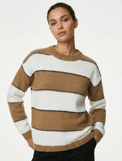 Suéter de rayas tricolor en mezcla de mohair - Camello