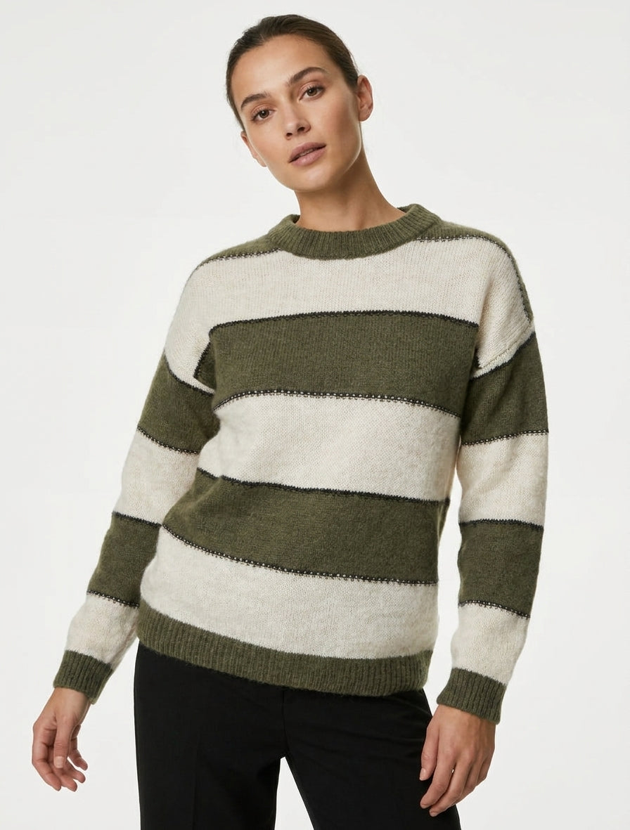 Suéter de rayas tricolor en mezcla de mohair - Caqui
