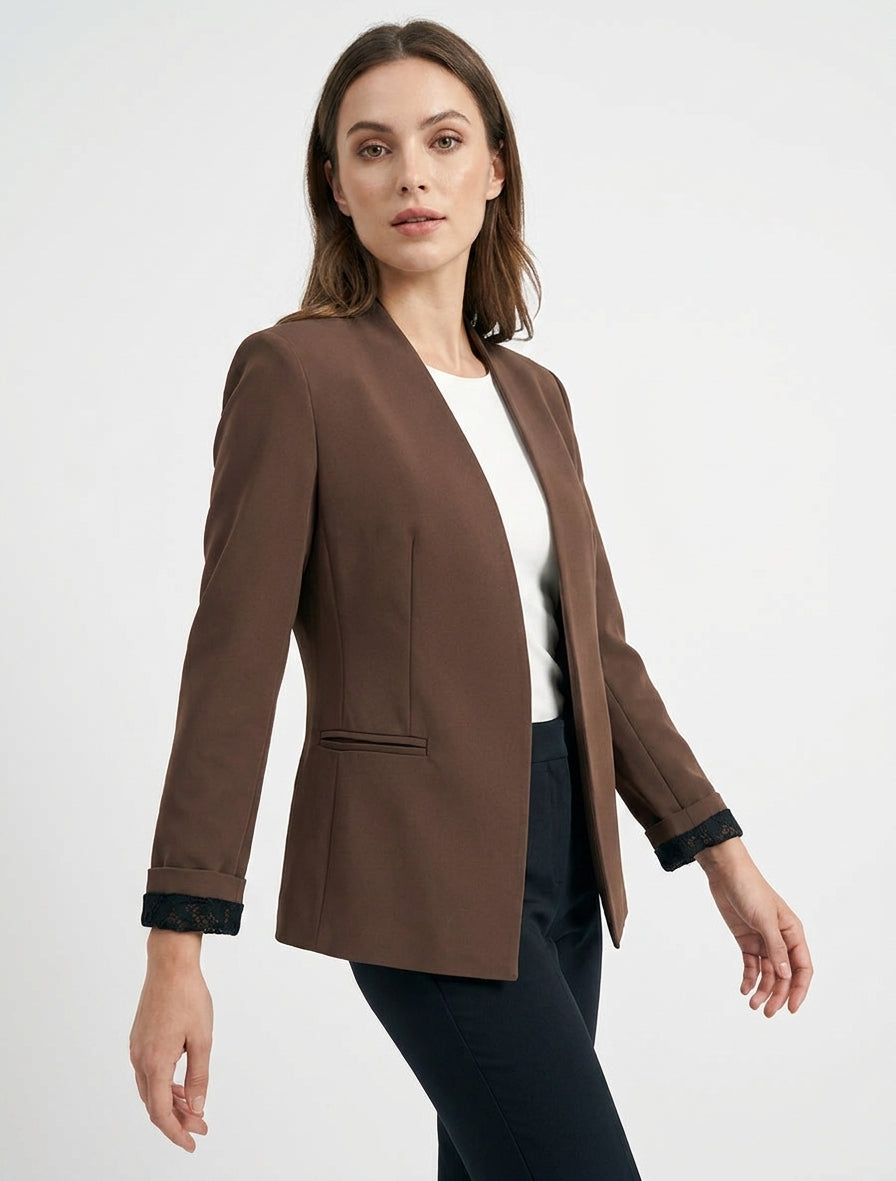 Chaqueta recta lisa con hombreras - Marrón