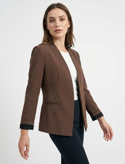 Chaqueta recta lisa con hombreras - Marrón