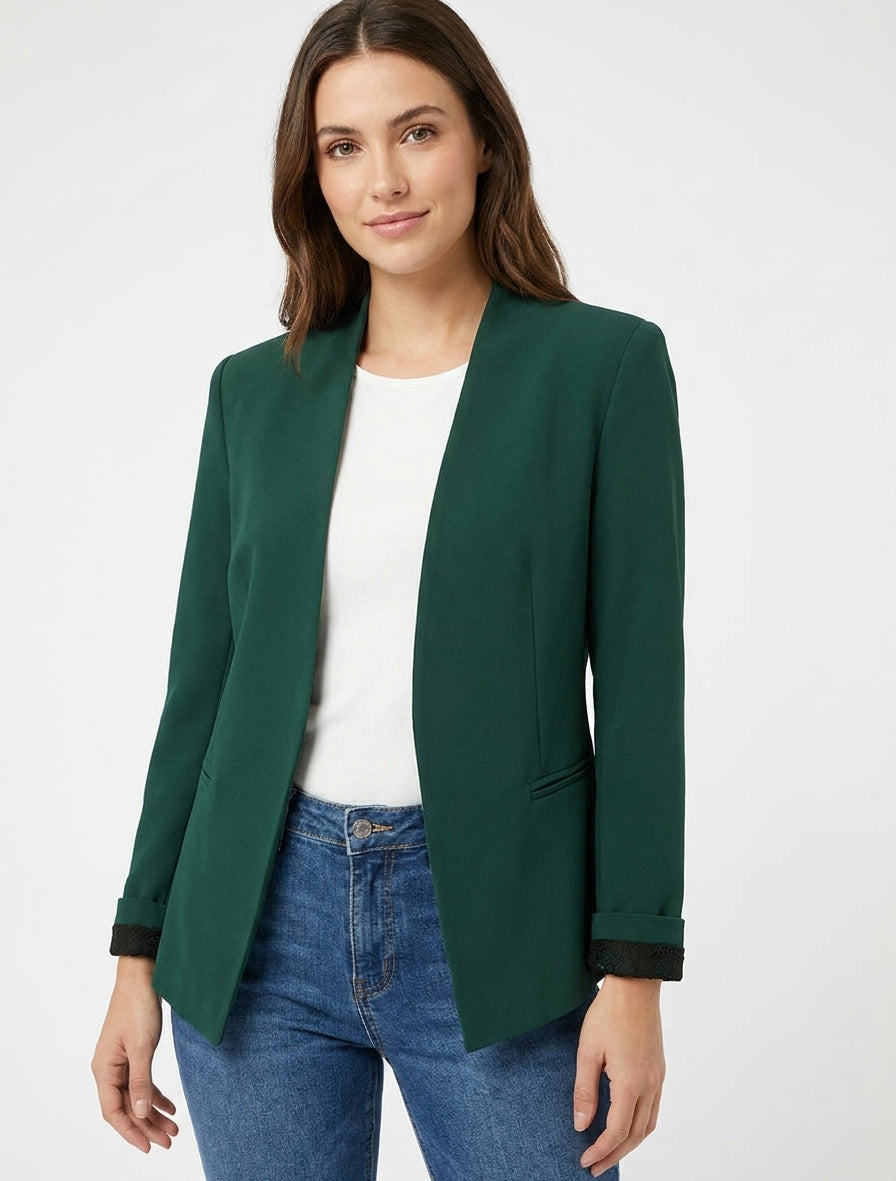 Chaqueta recta lisa con hombreras - Verde oscuro