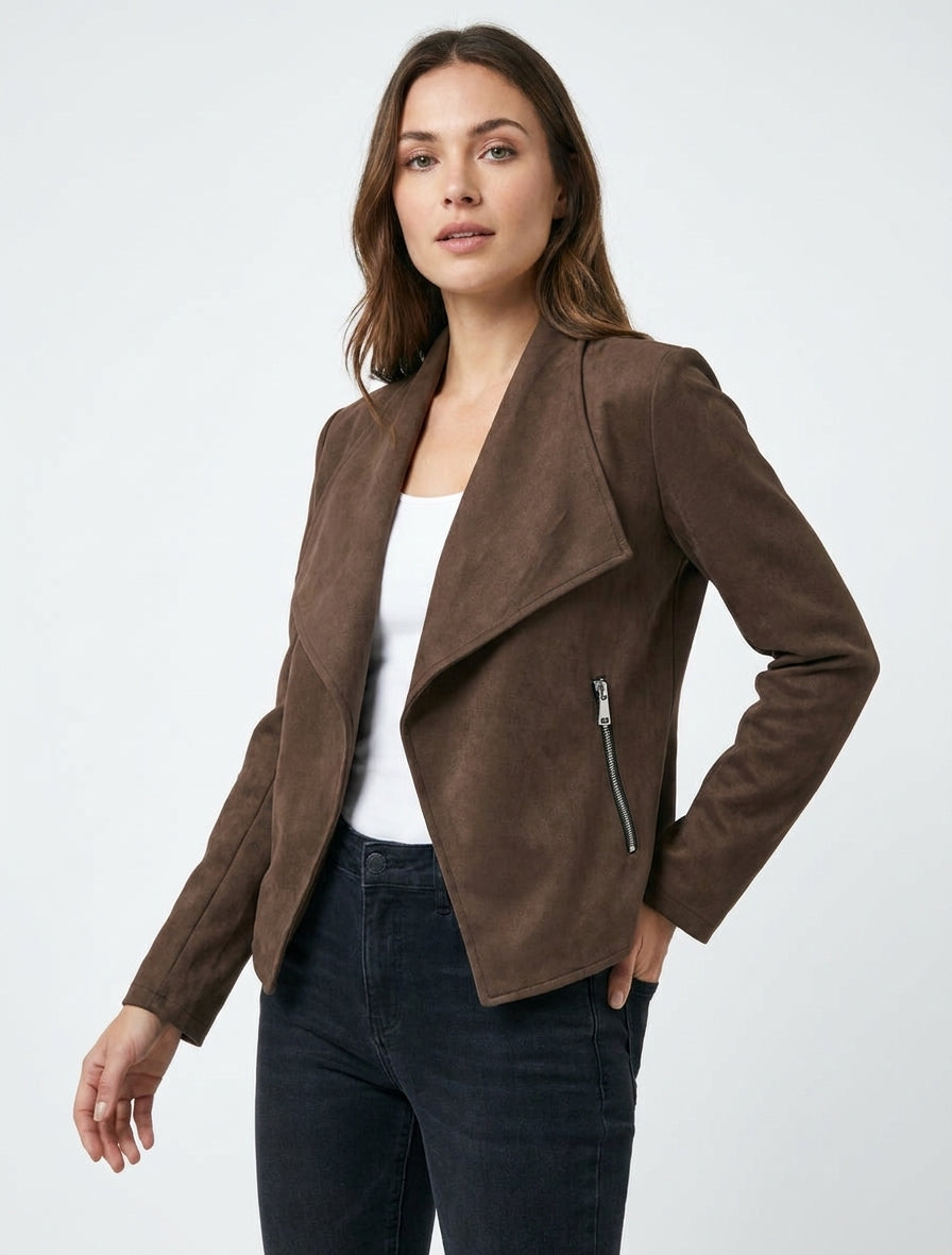 Chaqueta de gamuza con cierre de cremallera - Marrón