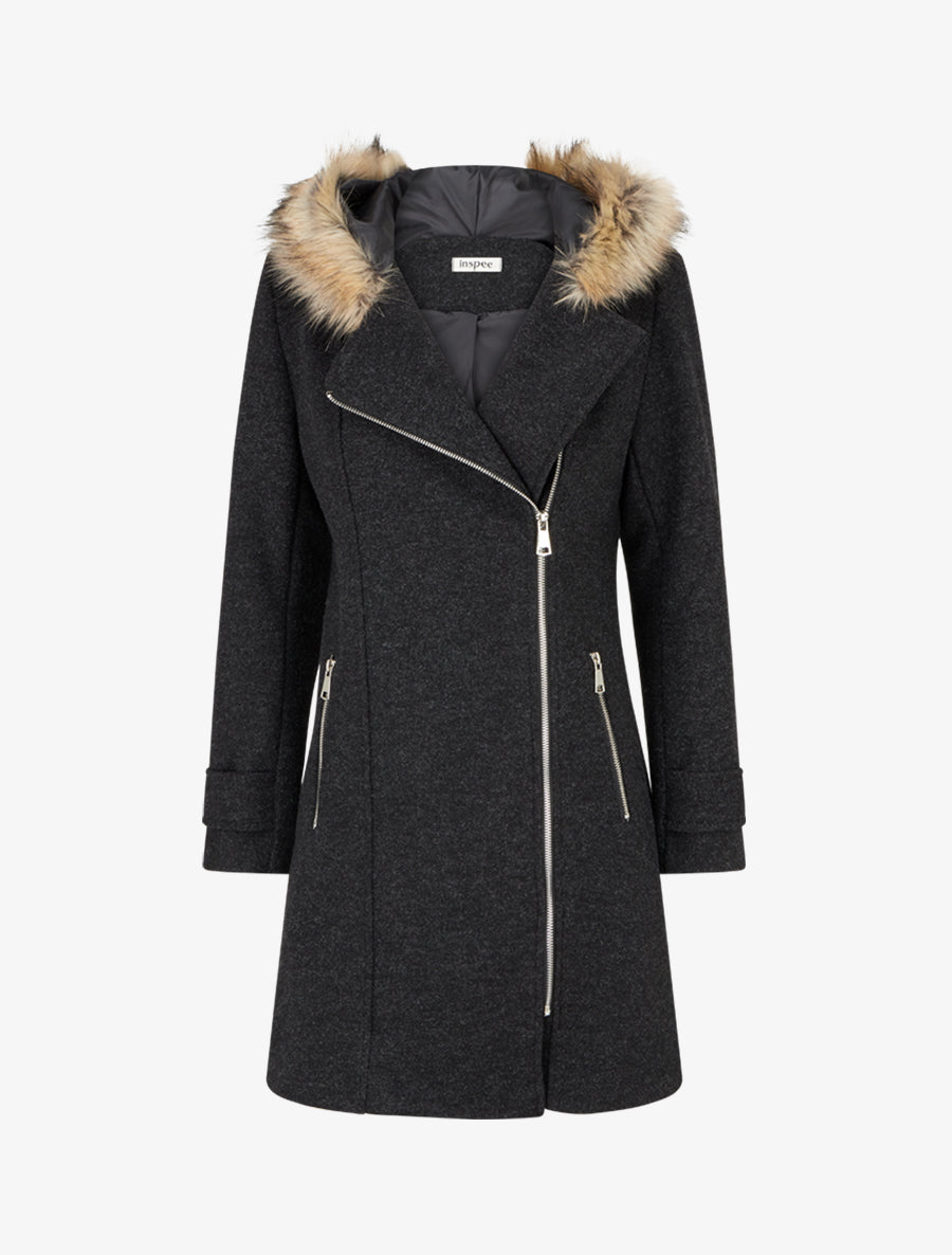 Manteau long à zip asymétrique avec fourrure sur la capuche - Gris foncé - 1
