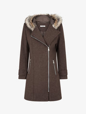 Manteau long à zip asymétrique avec fourrure sur la capuche - Chocolat - 1