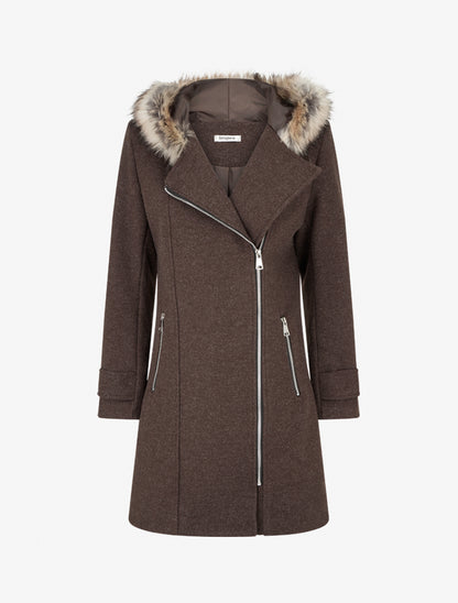 Manteau long à zip asymétrique avec fourrure sur la capuche - Chocolat - 1